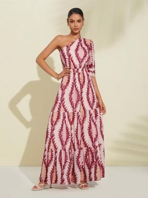 Designer Maxi Print One Shoulder Puff Sleeve Dress - Image 4