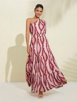 Designer Maxi Print One Shoulder Puff Sleeve Dress - Image 7