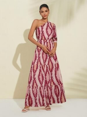 Designer Maxi Print One Shoulder Puff Sleeve Dress - Image 9