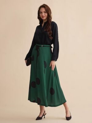 Designer Satin Polka Dot Belted Maxi Skirt - Image 3