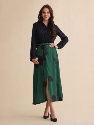 Designer Satin Polka Dot Belted Maxi Skirt - Image 4