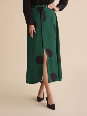 Designer Satin Polka Dot Belted Maxi Skirt - Image 5