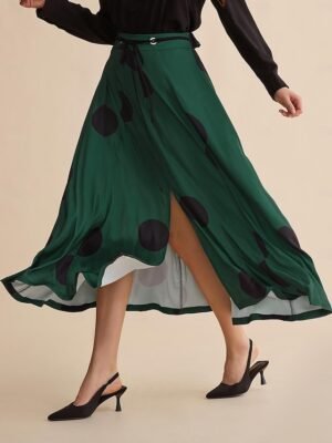 Designer Satin Polka Dot Belted Maxi Skirt - Image 7