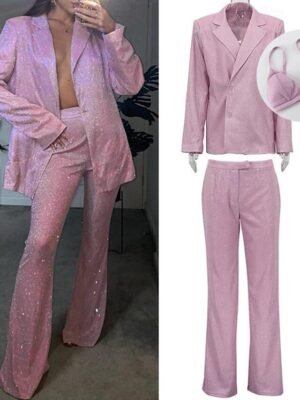 Disco Metallic Straight Leg Blazer Bra 3 PCS Party Suit - Image 14