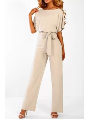 Dressy Clean Fit Belt Short Sleeve Wide Leg Jumpsuit - Image 11