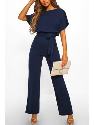 Dressy Clean Fit Belt Short Sleeve Wide Leg Jumpsuit - Image 2