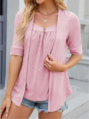 Dressy Lace Short Sleeve Crew Neck Summer Top - Image 3