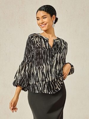 Dressy Loose Spotted Notched Collar Lantern Sleeve Blouse - Image 1