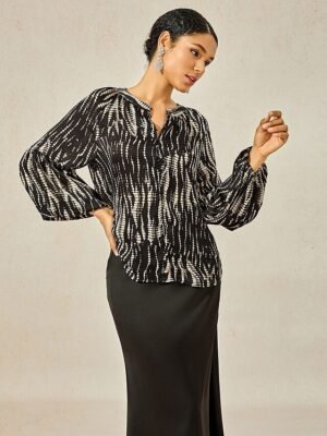 Dressy Loose Spotted Notched Collar Lantern Sleeve Blouse - Image 3