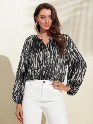 Dressy Loose Spotted Notched Collar Lantern Sleeve Blouse - Image 9
