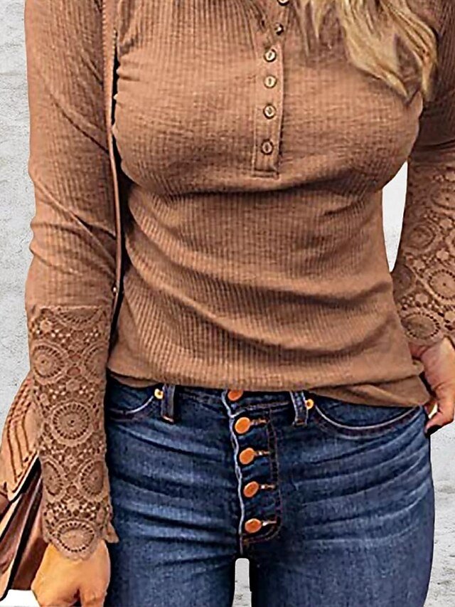 Dressy Regular Solid Lace Notched Neck Long Sleeve Top - Image 2