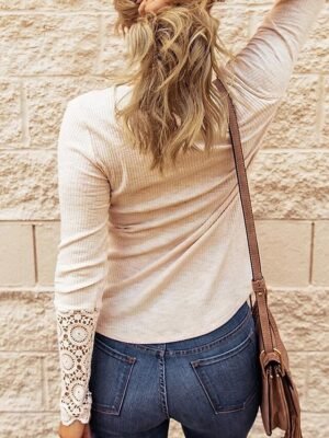 Dressy Regular Solid Lace Notched Neck Long Sleeve Top - Image 4