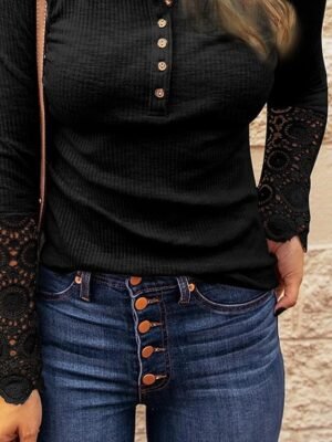 Dressy Regular Solid Lace Notched Neck Long Sleeve Top - Image 7