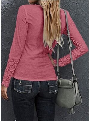 Dressy Regular Solid Lace Notched Neck Long Sleeve Top - Image 9