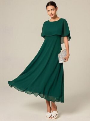 Elegant A-Line Chiffon Ruffle Crew Neck Flared Sleeve Midi Dress - Image 2