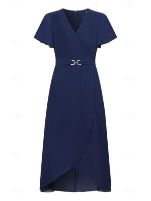 Elegant A-Line Chiffon Ruffle Crew Neck Flared Sleeve Midi Dress - Image 29