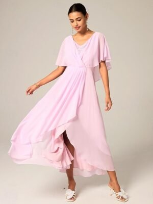 Elegant A-Line Chiffon Ruffle Crew Neck Flared Sleeve Midi Dress - Image 32