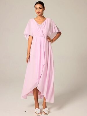 Elegant A-Line Chiffon Ruffle Crew Neck Flared Sleeve Midi Dress - Image 34