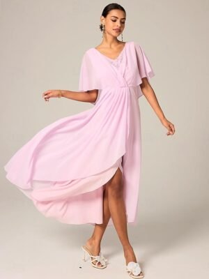 Elegant A-Line Chiffon Ruffle Crew Neck Flared Sleeve Midi Dress - Image 36