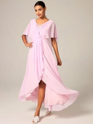 Elegant A-Line Chiffon Ruffle Crew Neck Flared Sleeve Midi Dress - Image 37