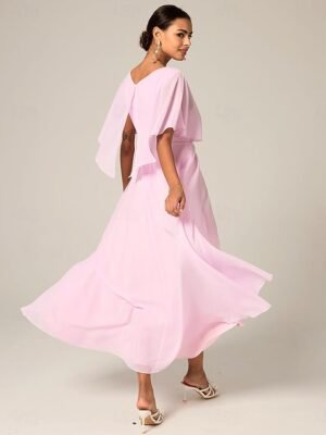 Elegant A-Line Chiffon Ruffle Crew Neck Flared Sleeve Midi Dress - Image 39