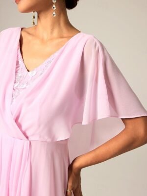 Elegant A-Line Chiffon Ruffle Crew Neck Flared Sleeve Midi Dress - Image 40