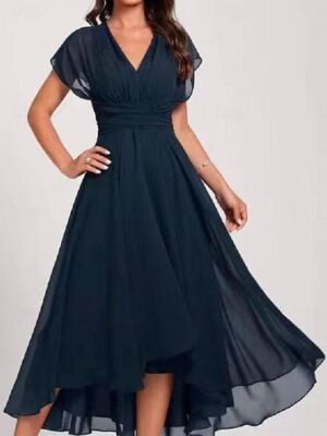 Elegant A-Line Chiffon Ruffle Crew Neck Flared Sleeve Midi Dress - Image 41