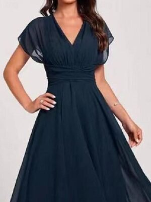 Elegant A-Line Chiffon Ruffle Crew Neck Flared Sleeve Midi Dress - Image 42