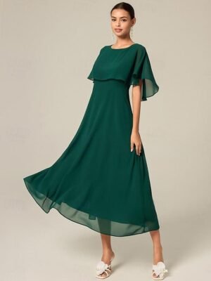 Elegant A-Line Chiffon Ruffle Crew Neck Flared Sleeve Midi Dress - Image 5