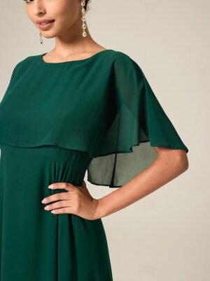 Elegant A-Line Chiffon Ruffle Crew Neck Flared Sleeve Midi Dress - Image 8