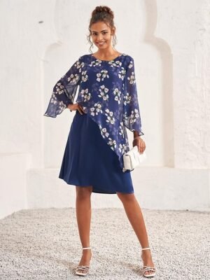 Elegant A Line Floral Crew Neck Flared Sleeve Midi Dress - Image 1