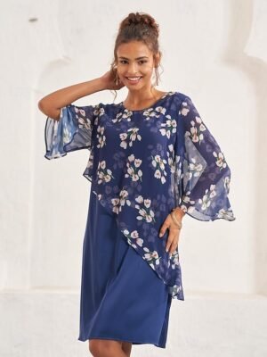 Elegant A Line Floral Crew Neck Flared Sleeve Midi Dress - Image 4
