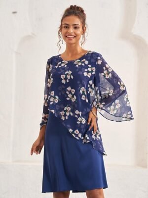 Elegant A Line Floral Crew Neck Flared Sleeve Midi Dress - Image 5