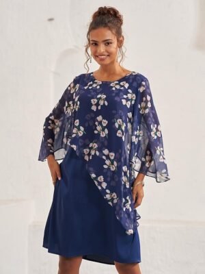 Elegant A Line Floral Crew Neck Flared Sleeve Midi Dress - Image 6