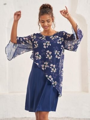 Elegant A Line Floral Crew Neck Flared Sleeve Midi Dress - Image 7