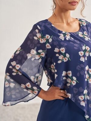 Elegant A Line Floral Crew Neck Flared Sleeve Midi Dress - Image 8