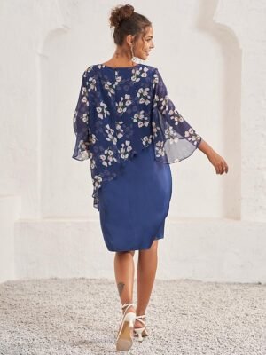 Elegant A Line Floral Crew Neck Flared Sleeve Midi Dress - Image 9