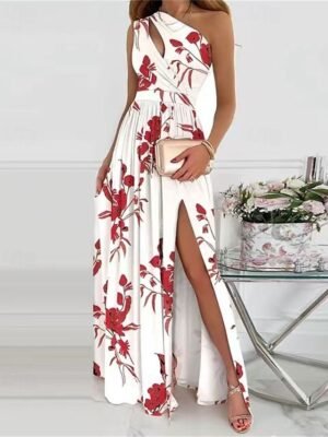 Elegant A Line Floral One Shoulder Sleeveless Maxi Dress - Image 1