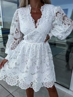 Elegant A Line Lace V Neck Long Sleeve Mini Dress - Image 1