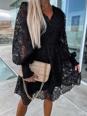Elegant A Line Lace V Neck Long Sleeve Mini Dress - Image 10