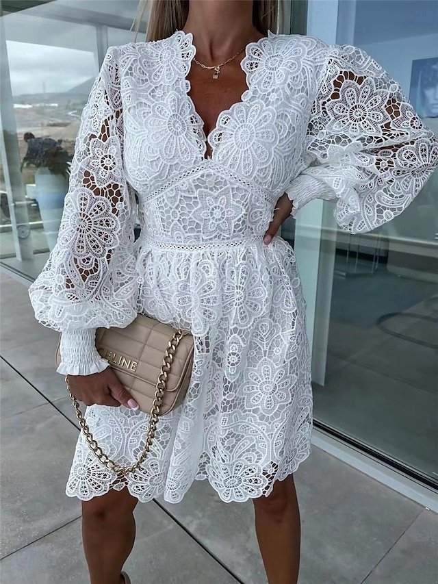 Elegant A Line Lace V Neck Long Sleeve Mini Dress - Image 2