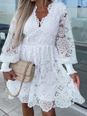Elegant A Line Lace V Neck Long Sleeve Mini Dress - Image 3