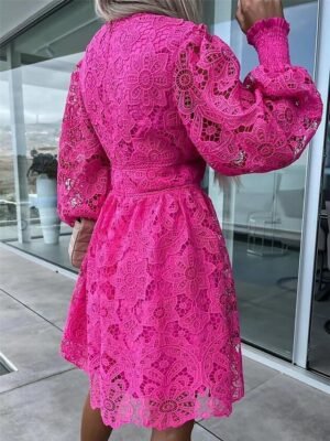 Elegant A Line Lace V Neck Long Sleeve Mini Dress - Image 8