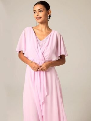 Elegant A-Line Lace V Neck Short Sleeve Maxi Dress - Image 2