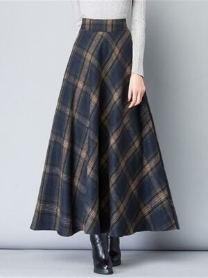 Elegant A-Line Plaid High Waist Maxi Skirt - Image 1