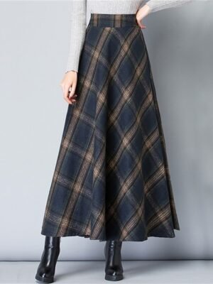 Elegant A-Line Plaid High Waist Maxi Skirt - Image 2