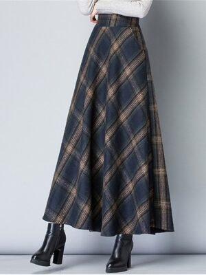 Elegant A-Line Plaid High Waist Maxi Skirt - Image 3