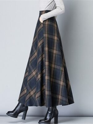 Elegant A-Line Plaid High Waist Maxi Skirt - Image 4