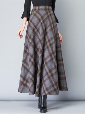 Elegant A-Line Plaid High Waist Maxi Skirt - Image 5