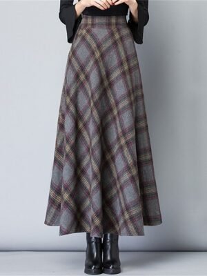 Elegant A-Line Plaid High Waist Maxi Skirt - Image 6
